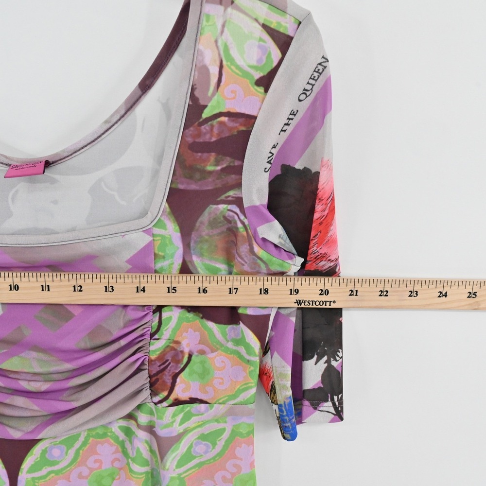 Save The Queen Floral Ruched Top Womens Size M Purple Green Italy Y2K Maximalist - Picture 3 of 15